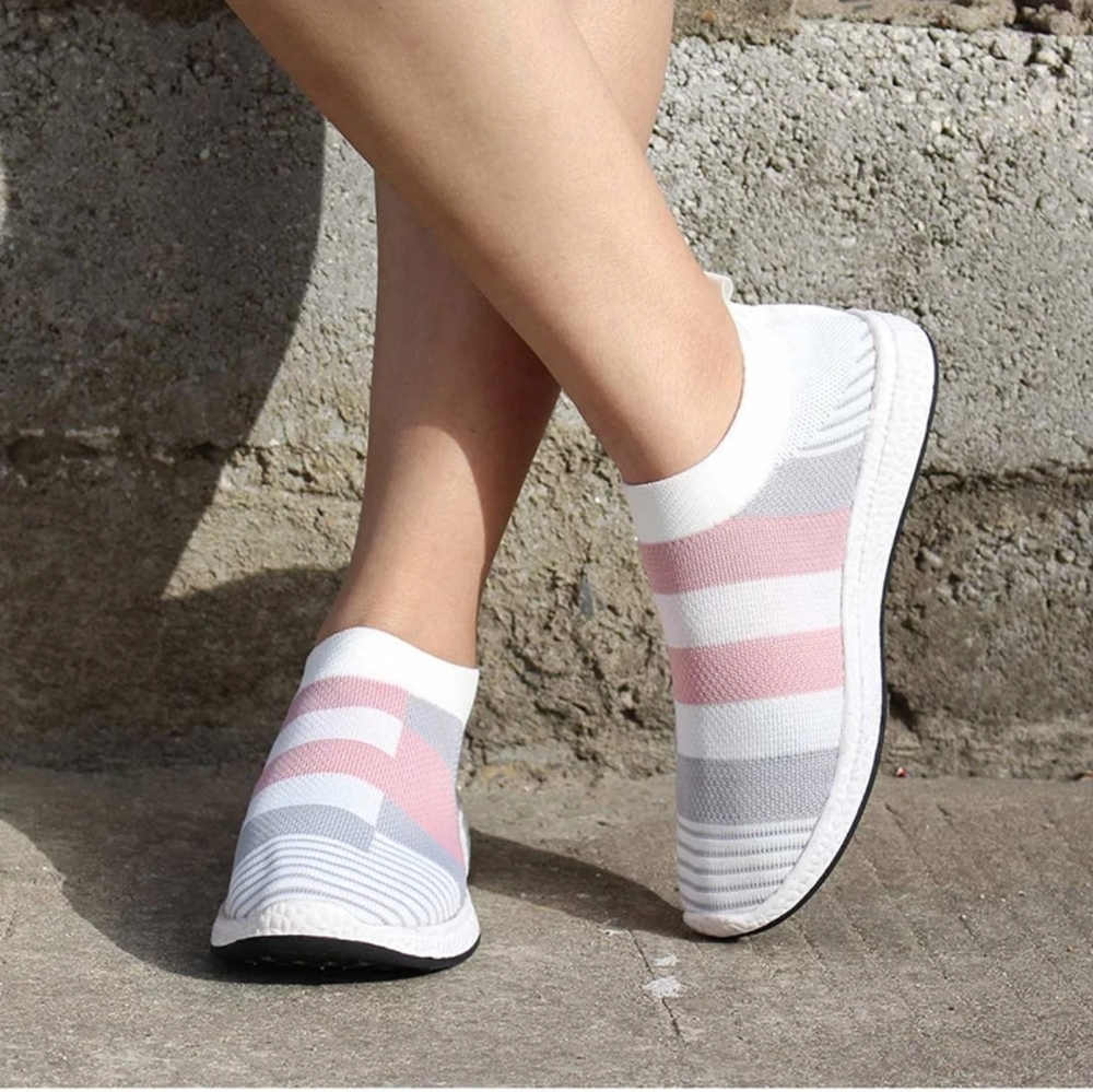 5⭐🧡 Pink/Gray Striped Knit Sock Sneakers - Picture 2 of 8